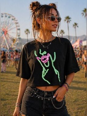 Club Exx Black Neon Graphic Crop Tee Festival Top M